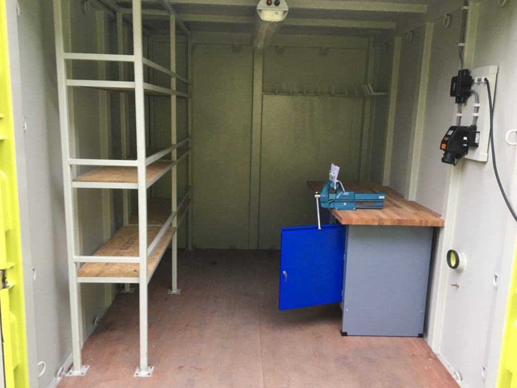 With this modification we have provided a 10ft closed offshore container with a fixed rack, workbench and hooks for hanging rigging material such as chains and shackles. Our engineers have also installed Ex-rated lighting and sockets so that this container can be safely used as a workplace at the offshore location.